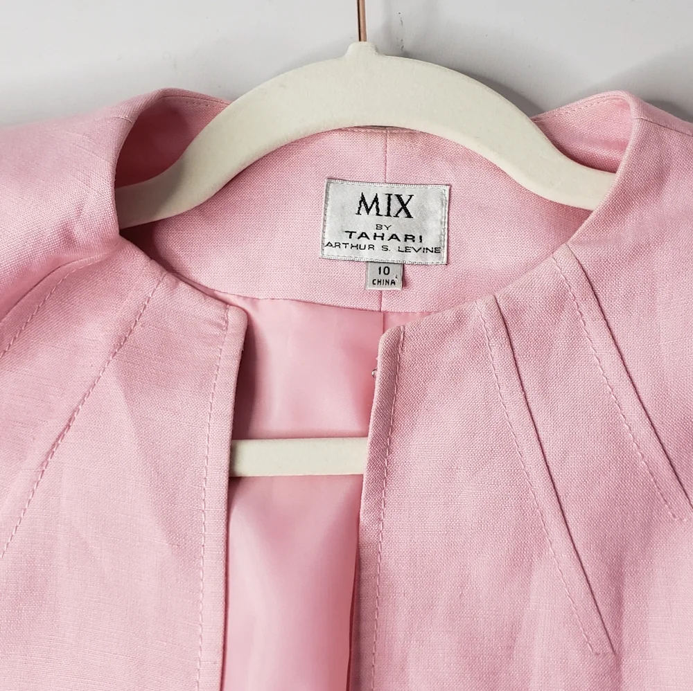 Tahari Mix Linen Blend Baby Pink Blazer Jacket Skirt Set Wedding Event Church 10